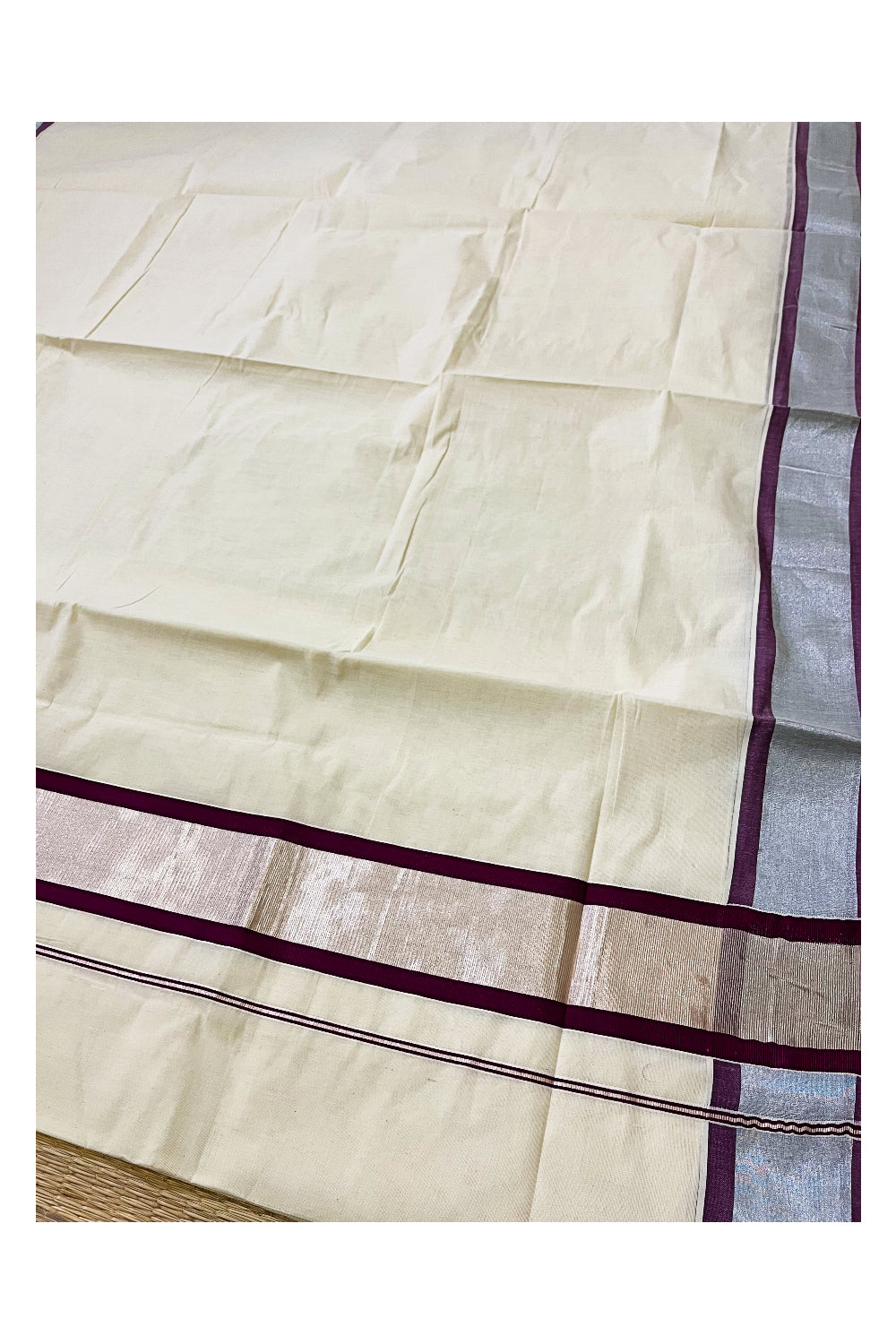 Pure Cotton Kerala Saree with Silver Kasavu and Purple Border SL384