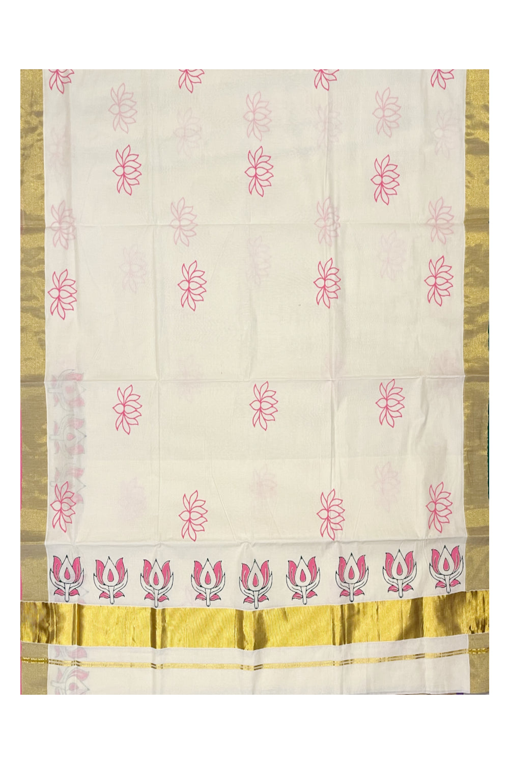 Southloom Cotton Kerala Kasavu Saree with Pink Lotus Block Print Across Body