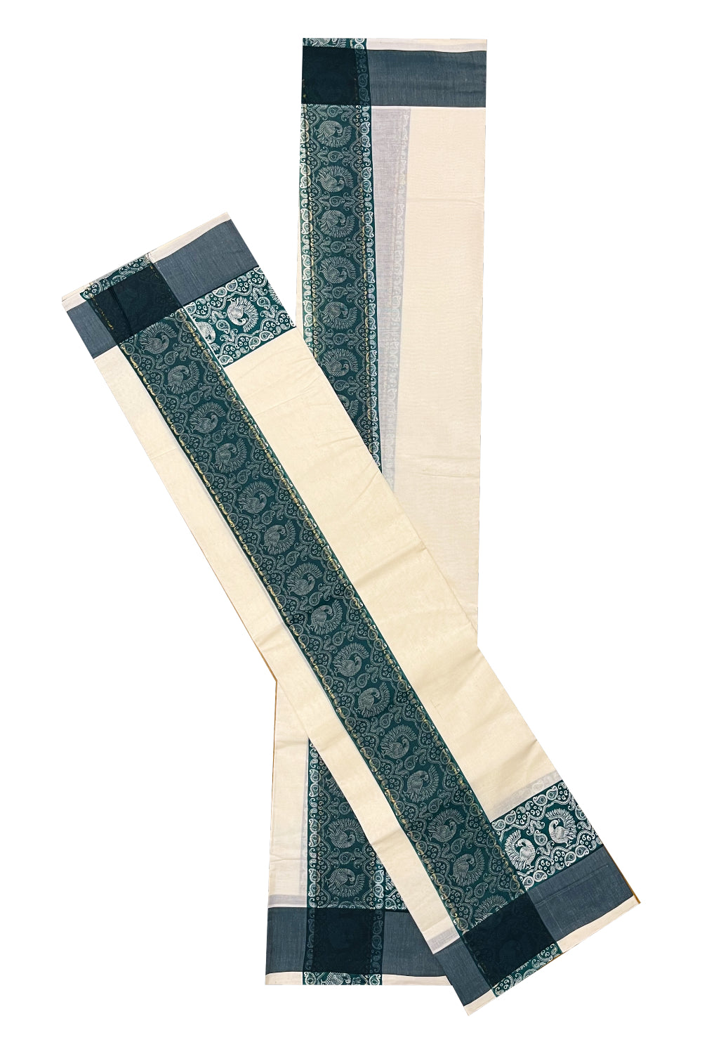 Kerala Cotton Single Set Mundu (Mundum Neriyathum) with Green Block print Border 2.80Mtrs