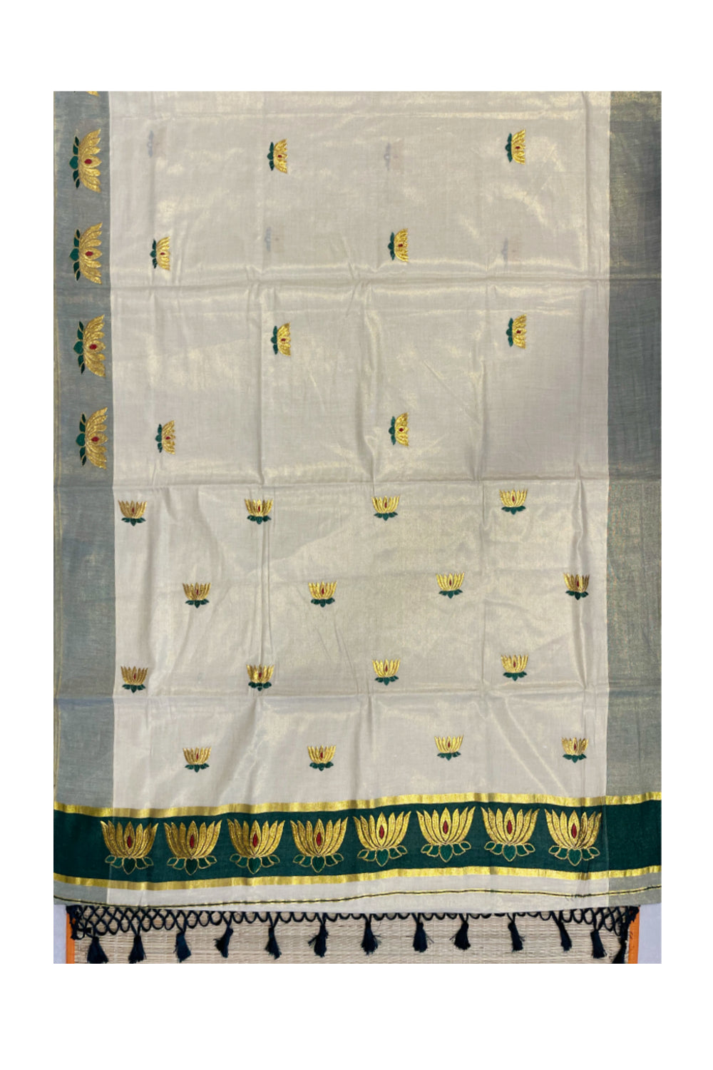 Southloom Kerala Tissue Kasavu Saree with Green And Golden Lotus Embroidary Works on Body