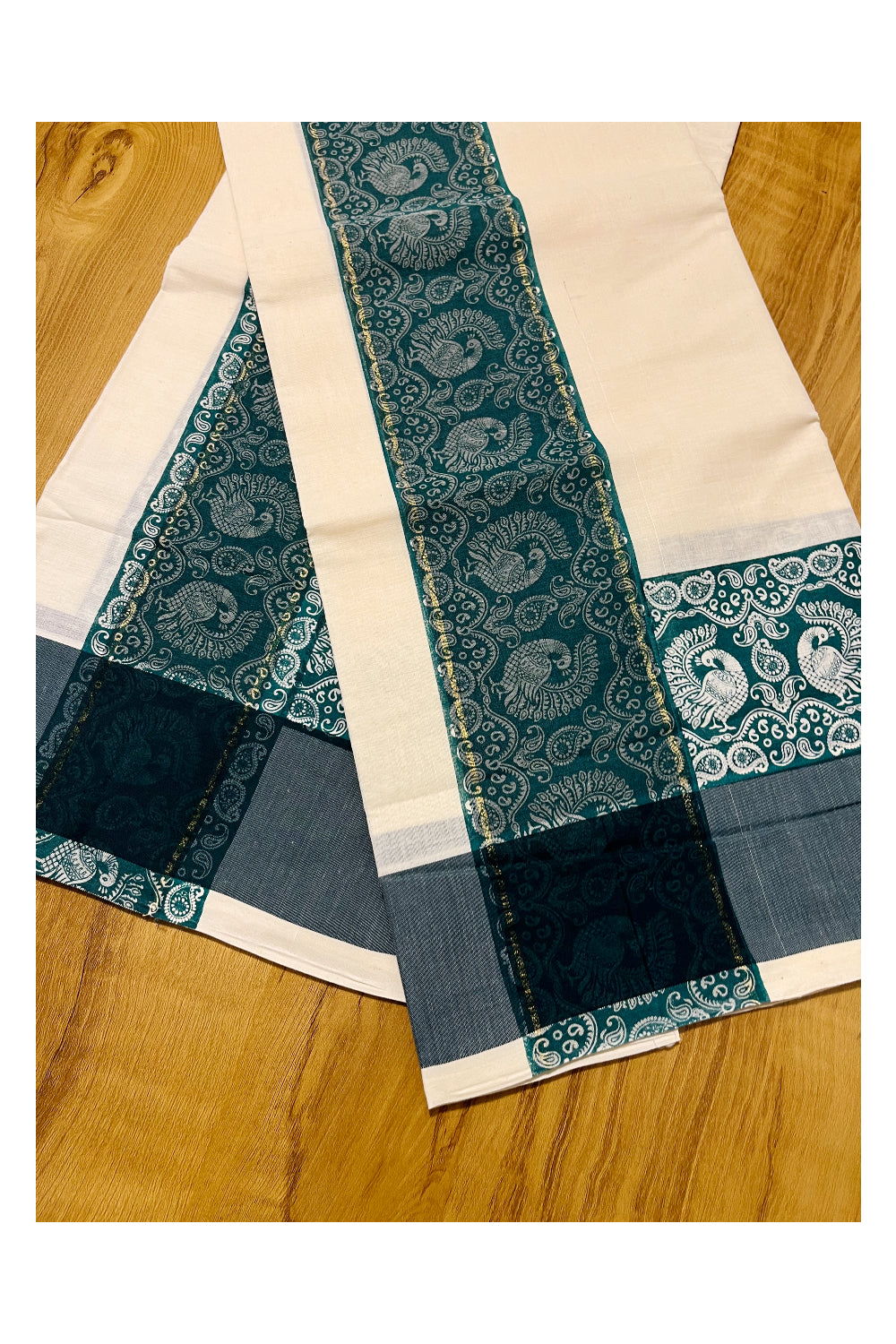 Kerala Cotton Single Set Mundu (Mundum Neriyathum) with Green Block print Border 2.80Mtrs