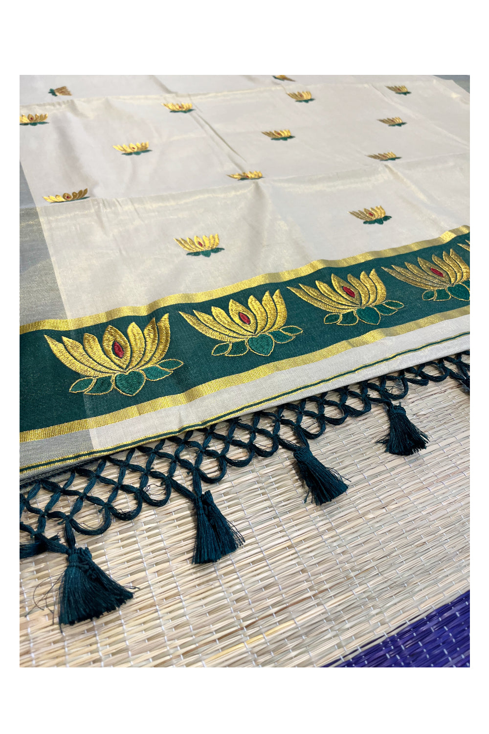 Southloom Kerala Tissue Kasavu Saree with Green And Golden Lotus Embroidary Works on Body