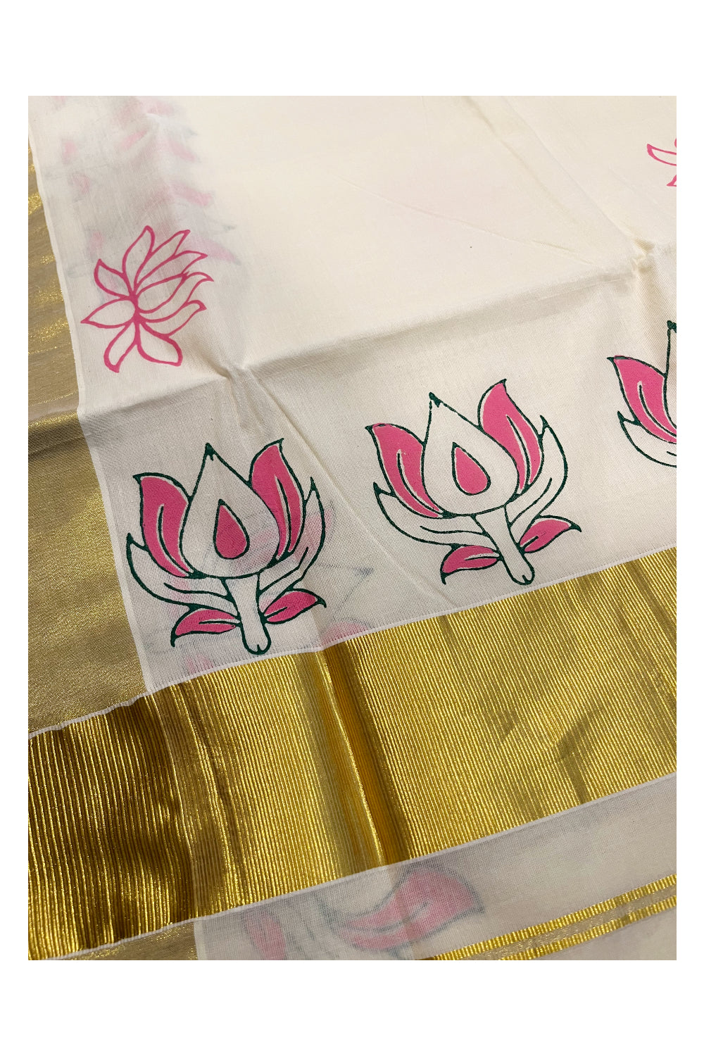 Southloom Cotton Kerala Kasavu Saree with Pink Lotus Block Print Across Body
