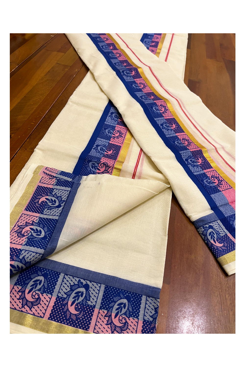 Kerala Cotton Kasavu Single Set Mundu (Mundum Neriyathum) with Pink and Blue Kara and Block Prints