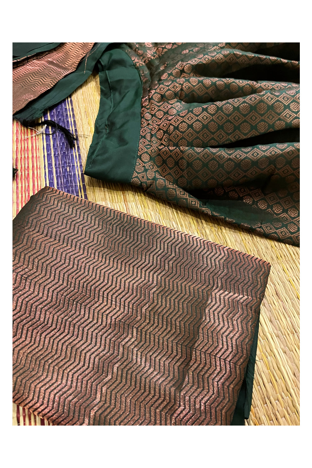 Southloom Semi Stitched Semi Silk Dark Green Dhavani Set include Neriyathu and Blouse Piece
