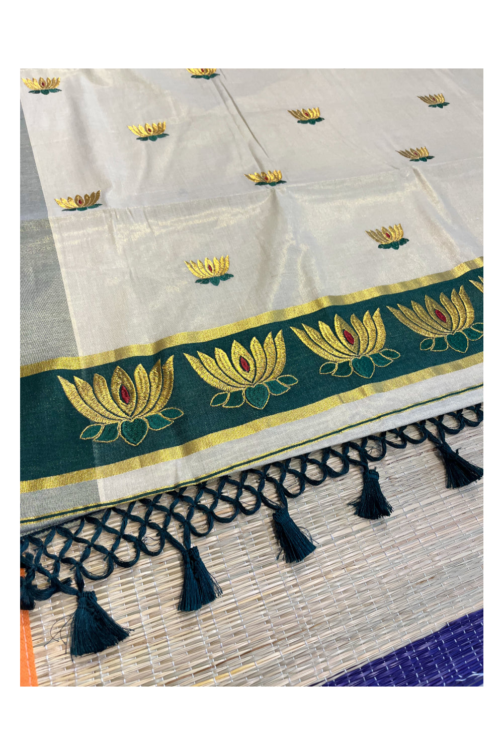 Southloom Kerala Tissue Kasavu Saree with Green And Golden Lotus Embroidary Works on Body