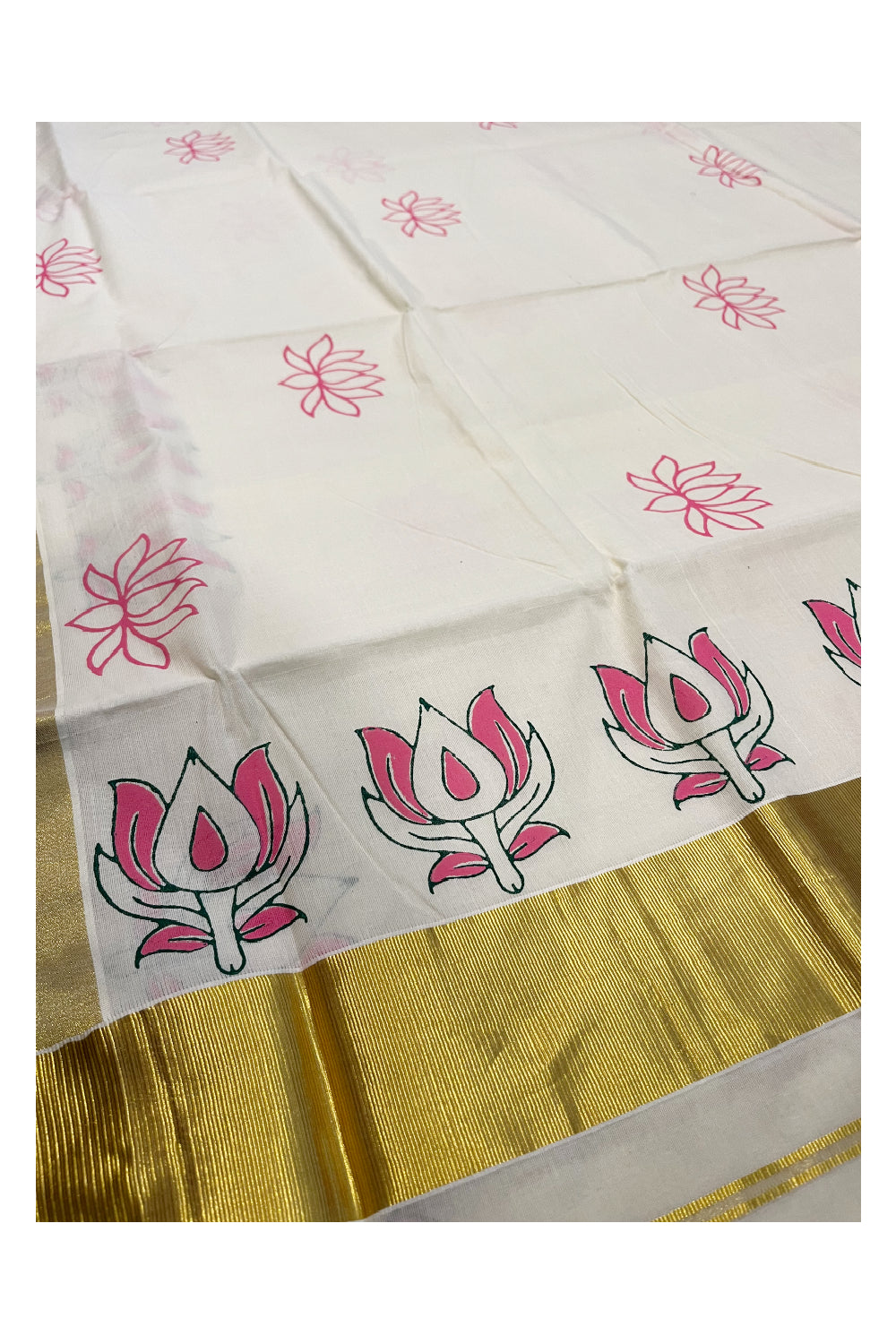 Southloom Cotton Kerala Kasavu Saree with Pink Lotus Block Print Across Body