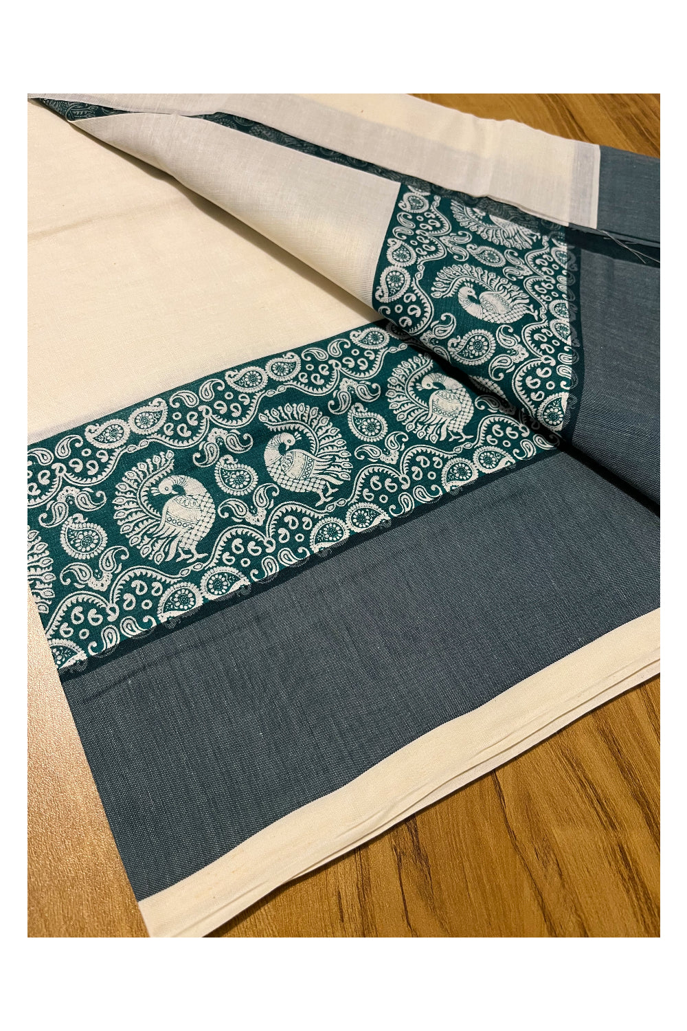 Kerala Cotton Single Set Mundu (Mundum Neriyathum) with Green Block print Border 2.80Mtrs