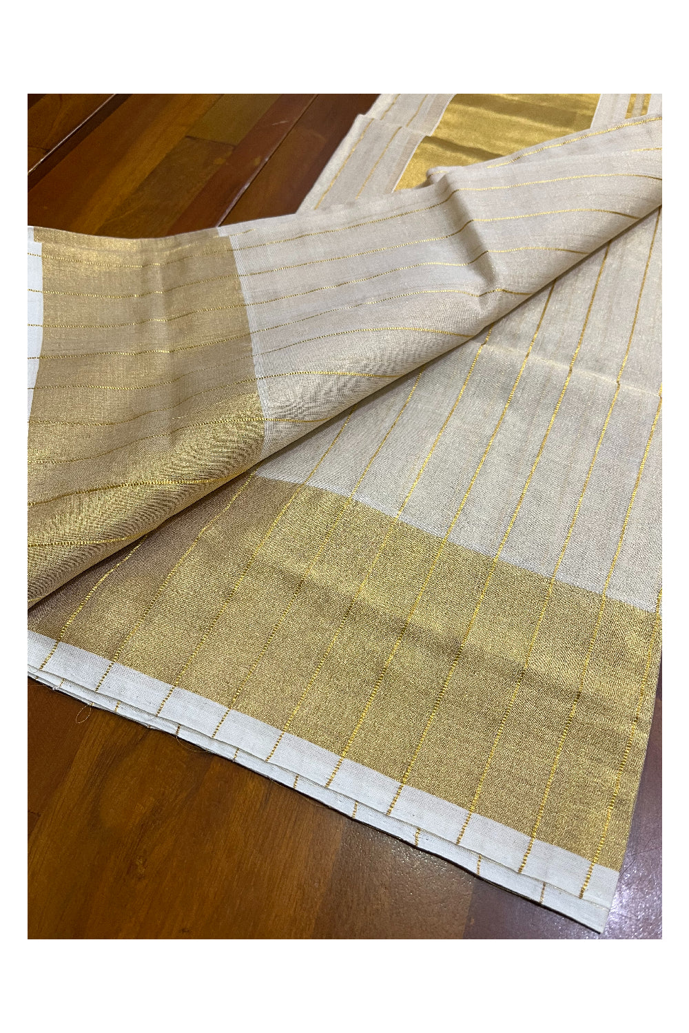 Southloom Handloom Tissue Premium Single Set Mundu with Kasavu Lines Across Body (2.80Mtrs)