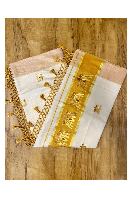 Southloom Kerala Tissue Kasavu Saree with Saffron And Golden Lotus Embroidary Works on Body SL273