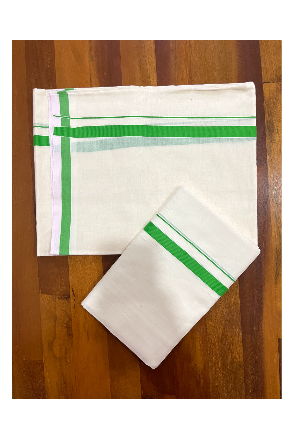 Kerala Cotton Mundum Neriyathum Single (Set Mundu) with Light Green 0