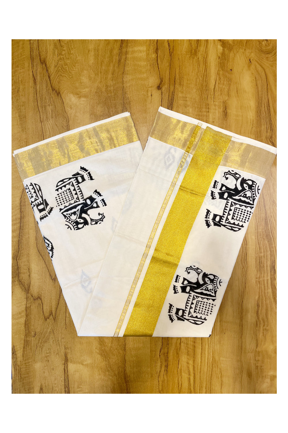 Southloom Cotton Kerala Kasavu Saree with Black Elephant Block Prints On Border