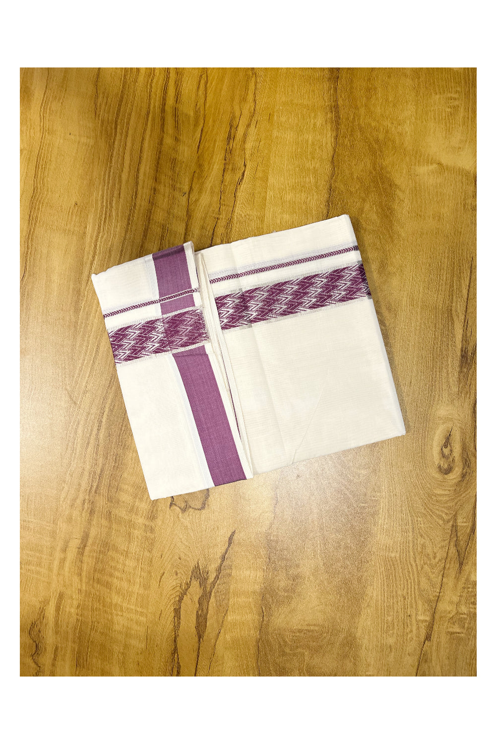 Southloom Off White Cotton Double Mundu with Silver Kasavu and Violet Woven Border