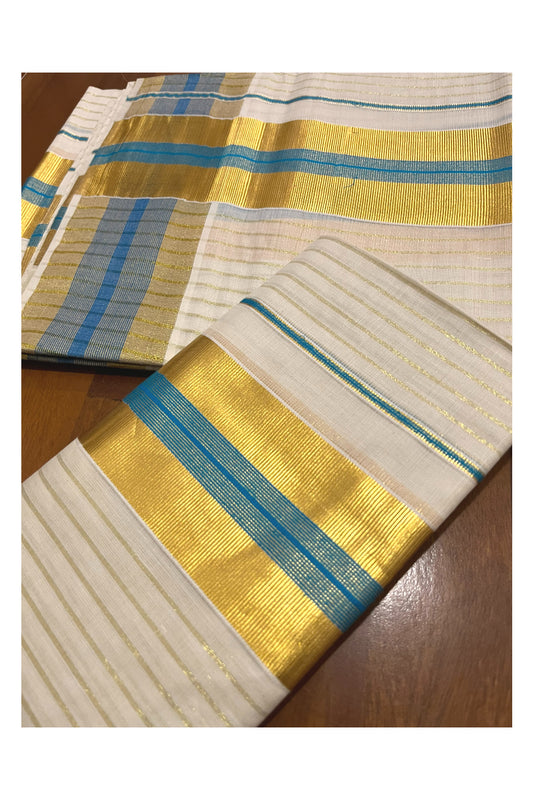 Kerala Cotton Set Mundu (Mundum Neriyathum) with Kasavu Lines on Body and Blue Border 2.80 Mtrs
