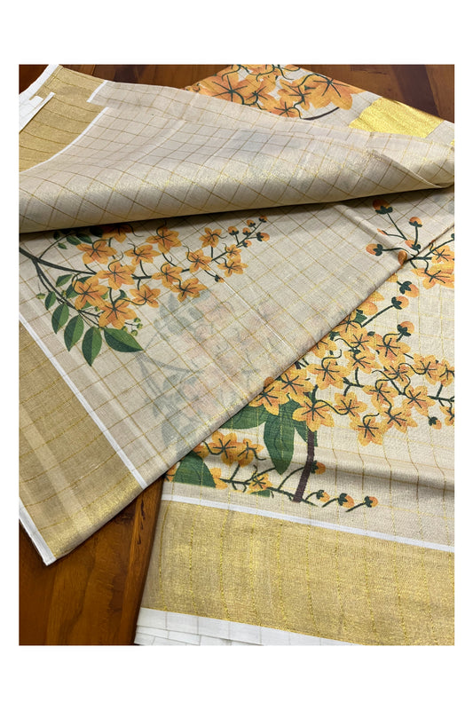 Kerala Tissue Kasavu Check Design Saree with Kanikonna Floral Prints on Body