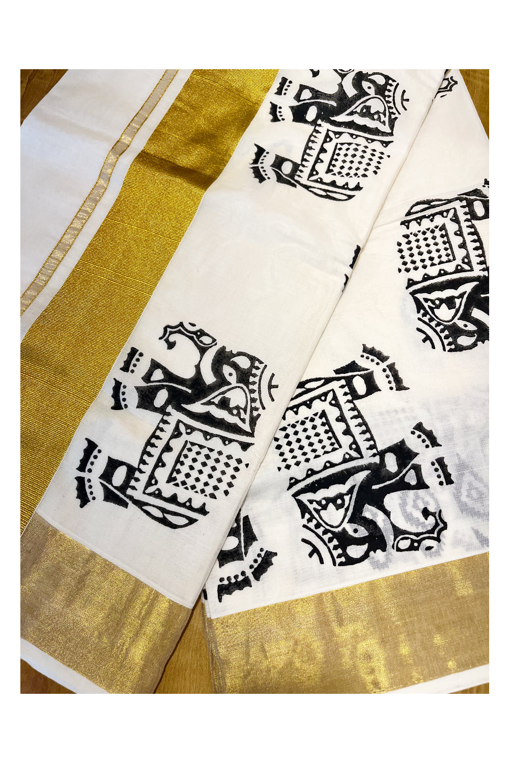 Southloom Cotton Kerala Kasavu Saree with Black Elephant Block Prints On Border