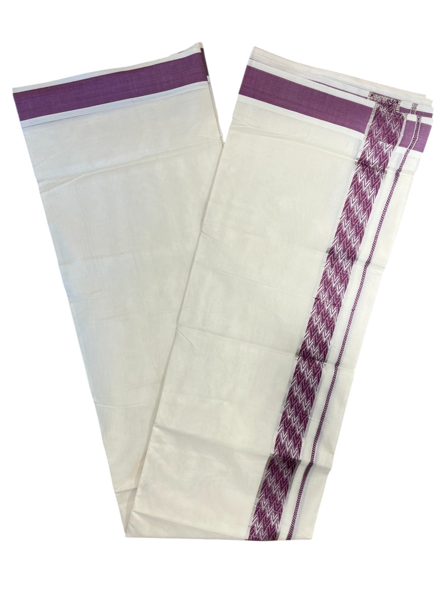Southloom Off White Cotton Double Mundu with Silver Kasavu and Violet Woven Border