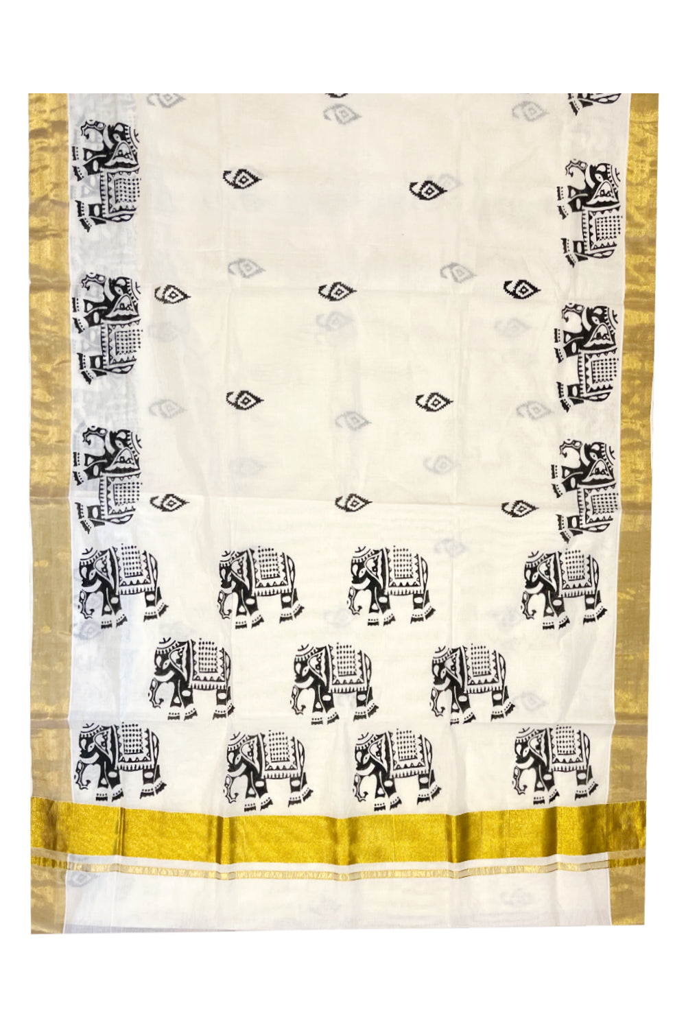 Southloom Cotton Kerala Kasavu Saree with Black Elephant Block Prints On Border