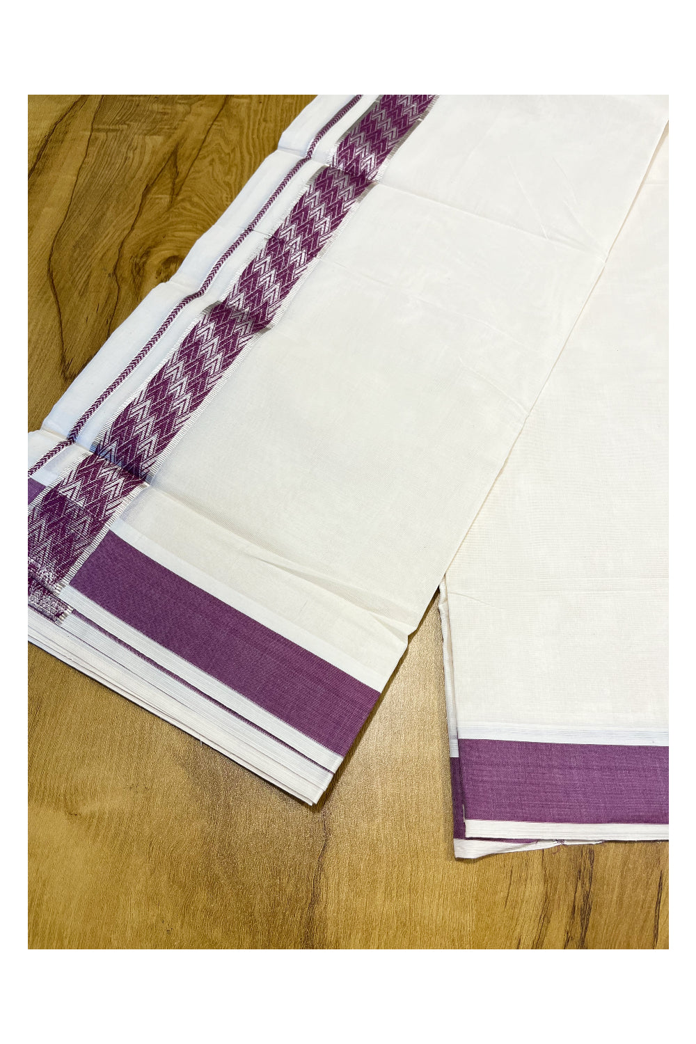 Southloom Off White Cotton Double Mundu with Silver Kasavu and Violet Woven Border