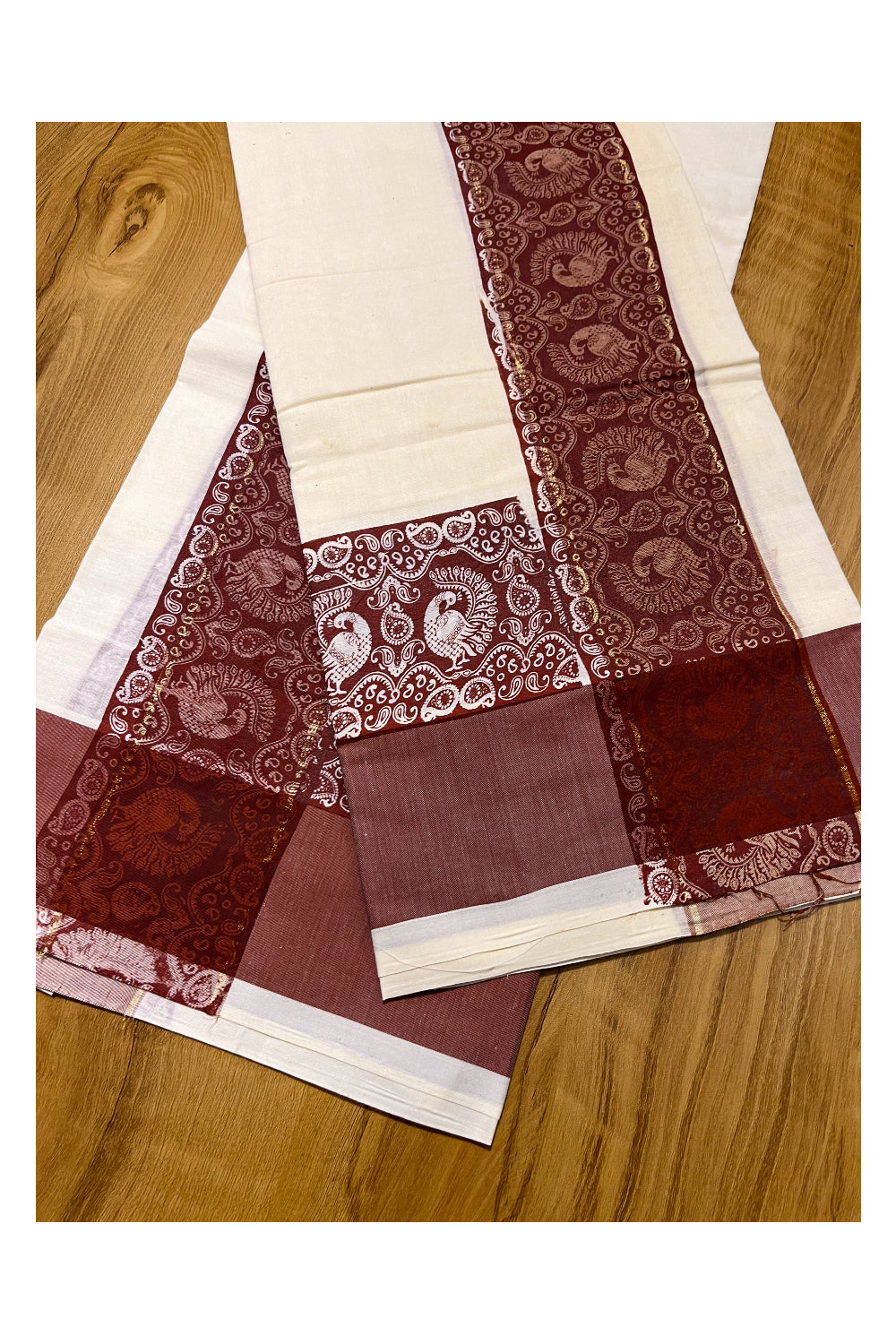 Kerala Cotton Single Set Mundu (Mundum Neriyathum) with Brown Block print Border 2.80Mtrs