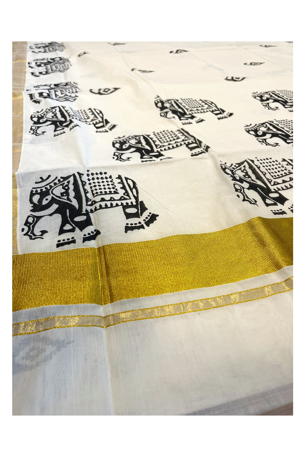 Southloom Cotton Kerala Kasavu Saree with Black Elephant Block Prints On Border