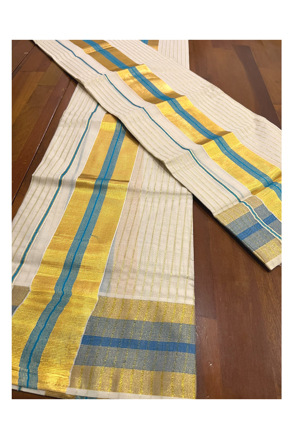Kerala Cotton Set Mundu (Mundum Neriyathum) with Kasavu Lines on Body and Blue Border 2.80 Mtrs