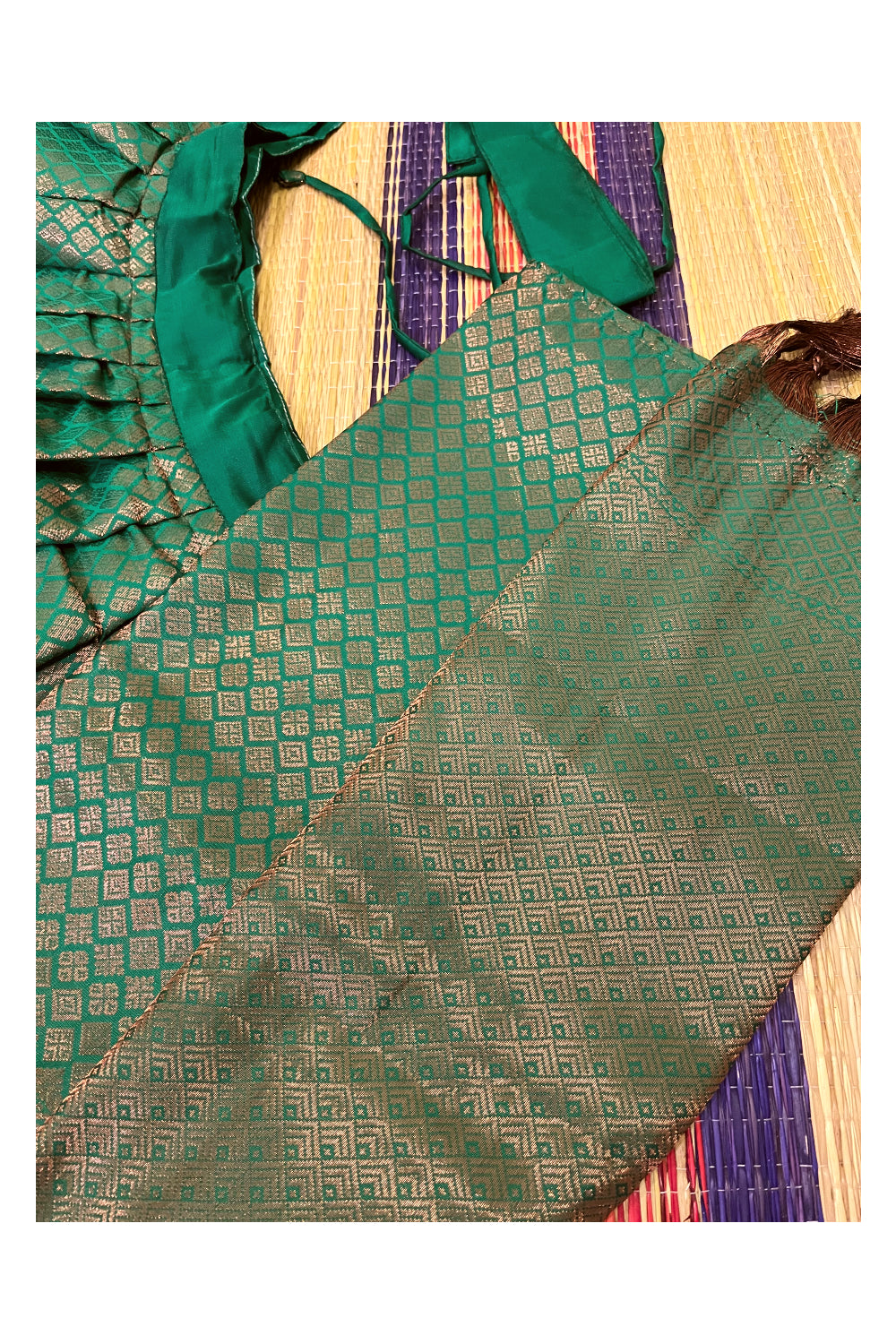 Southloom Semi Stitched Semi Silk Green Dhavani Set include Neriyathu and Blouse Piece