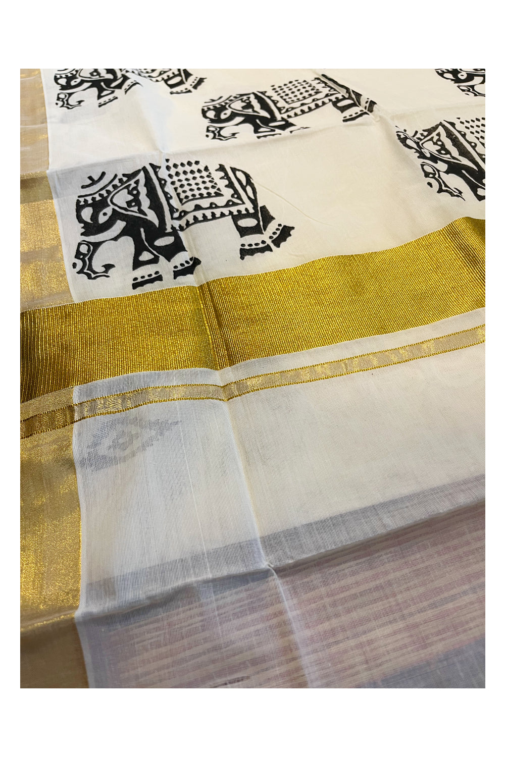 Southloom Cotton Kerala Kasavu Saree with Black Elephant Block Prints On Border