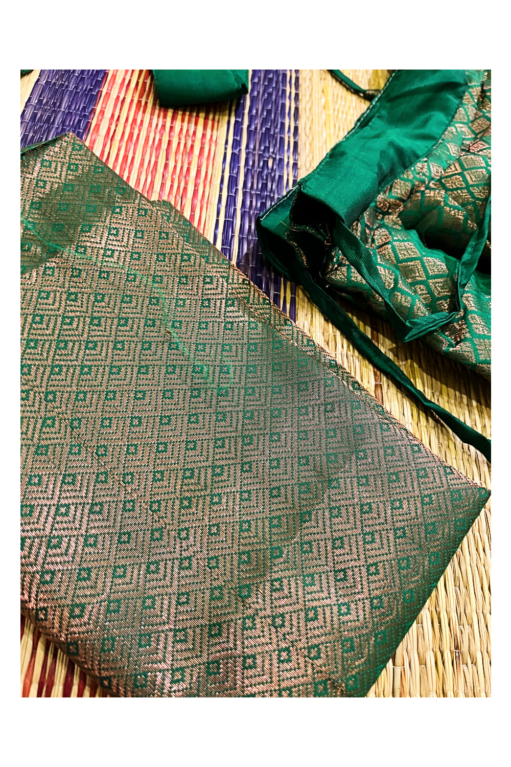 Southloom Semi Stitched Semi Silk Green Dhavani Set include Neriyathu and Blouse Piece
