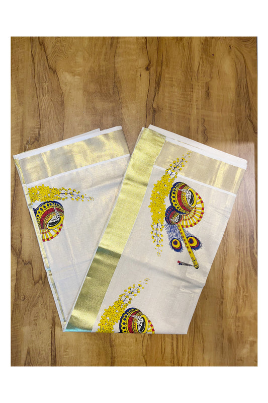 Kerala Tissue Kasavu Saree with Peacock Feather and Flute Mural Printed Designs