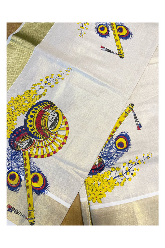 Kerala Tissue Kasavu Saree with Peacock Feather and Flute Mural Printed Designs