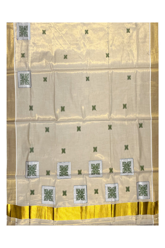 Southloom Kerala Tissue Kasavu Saree with Olive Green Appliq Work