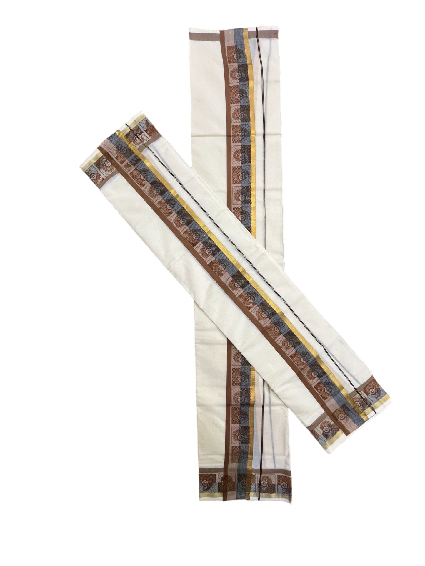 Kerala Cotton Kasavu Single Set Mundu (Mundum Neriyathum) with Blue and Brown Kara and Block Prints