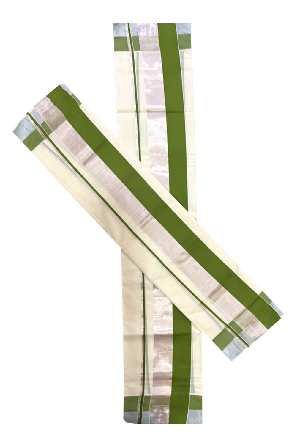 Cotton Silver Kasavu Set Mundu (Mundum Neriyathum) with Green and Silver Kasavu Border 2.80 Mtrs