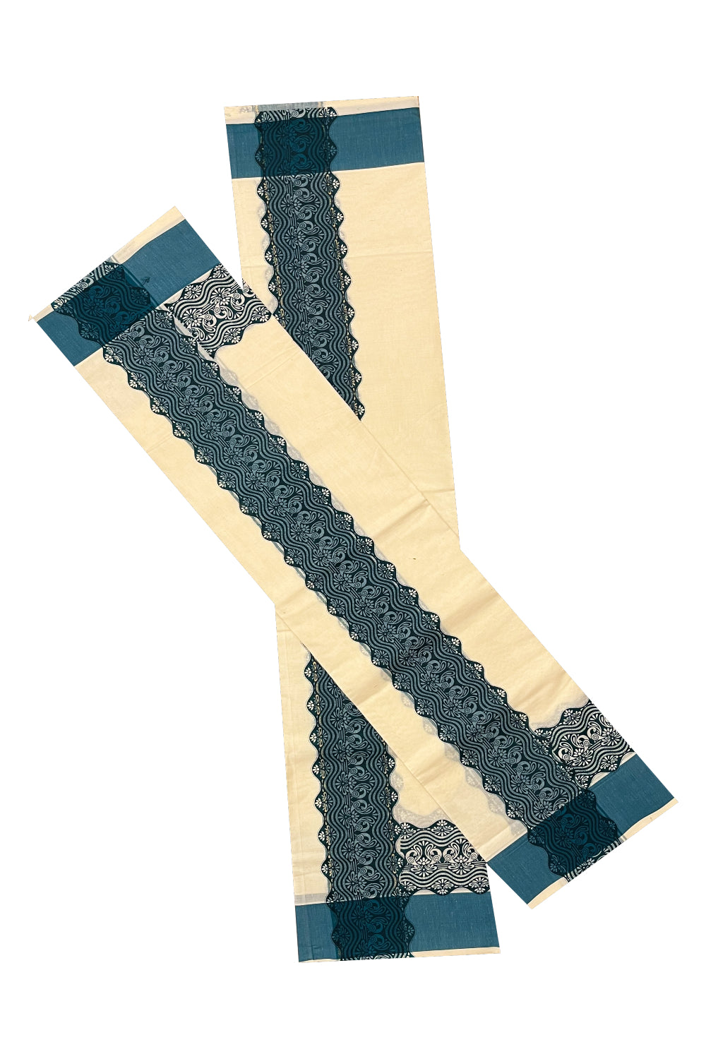 Kerala Cotton Single Set Mundu (Mundum Neriyathum) with Green Block print Border 2.80Mtrs