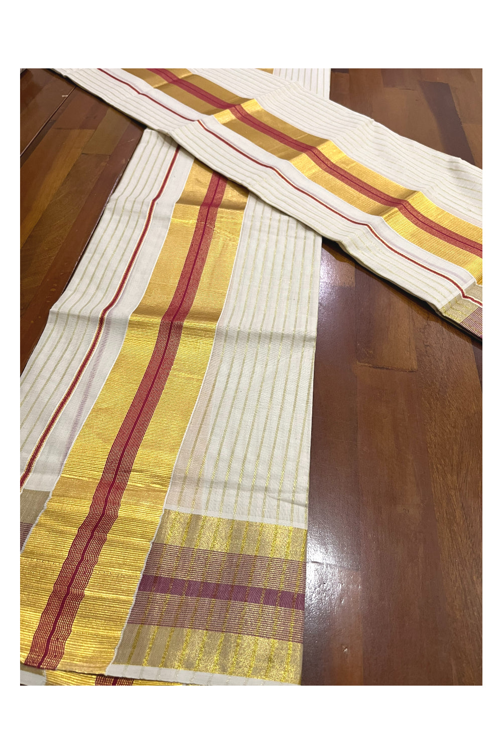Kerala Cotton Set Mundu (Mundum Neriyathum) with Kasavu Lines on Body and Red Border 2.80 Mtrs