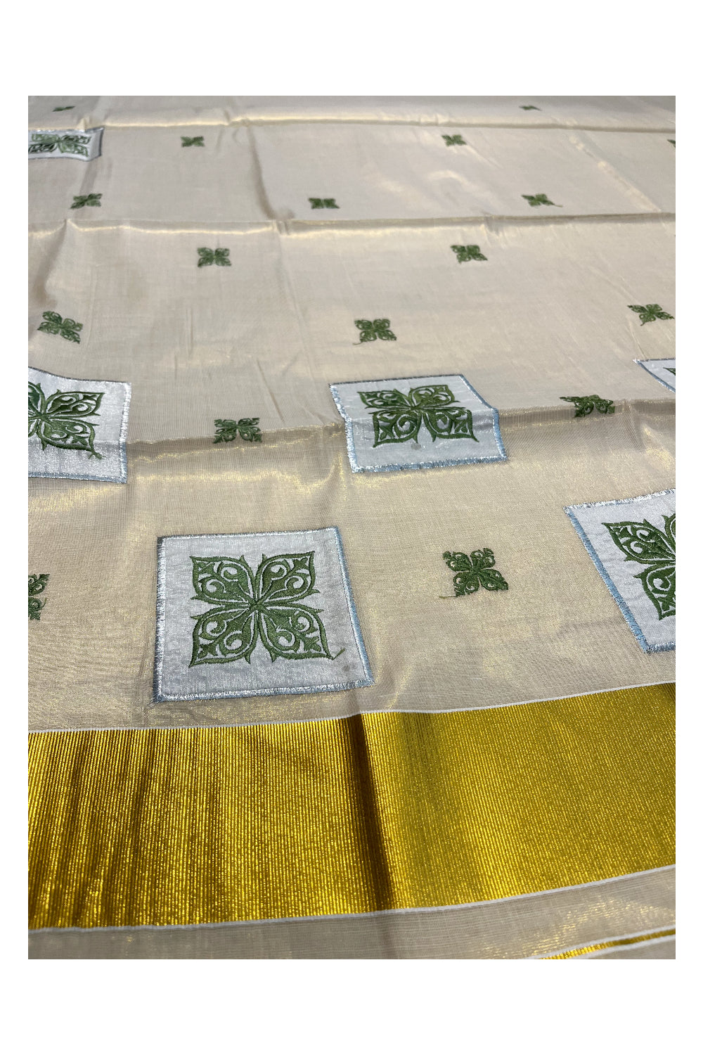 Southloom Kerala Tissue Kasavu Saree with Olive Green Appliq Work