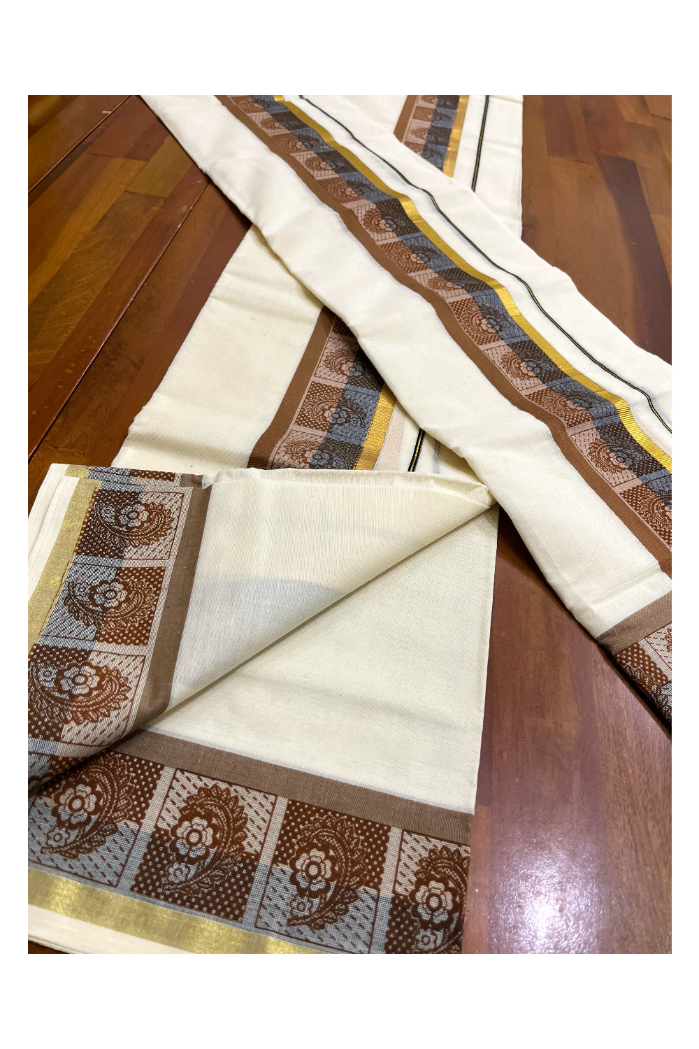 Kerala Cotton Kasavu Single Set Mundu (Mundum Neriyathum) with Blue and Brown Kara and Block Prints