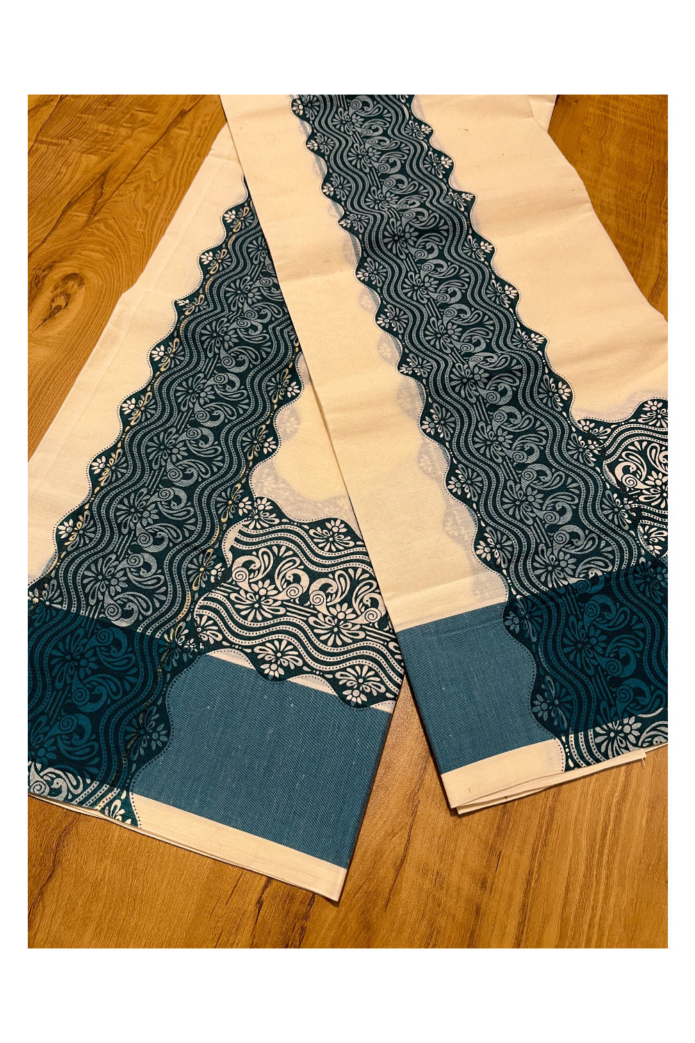 Kerala Cotton Single Set Mundu (Mundum Neriyathum) with Green Block print Border 2.80Mtrs