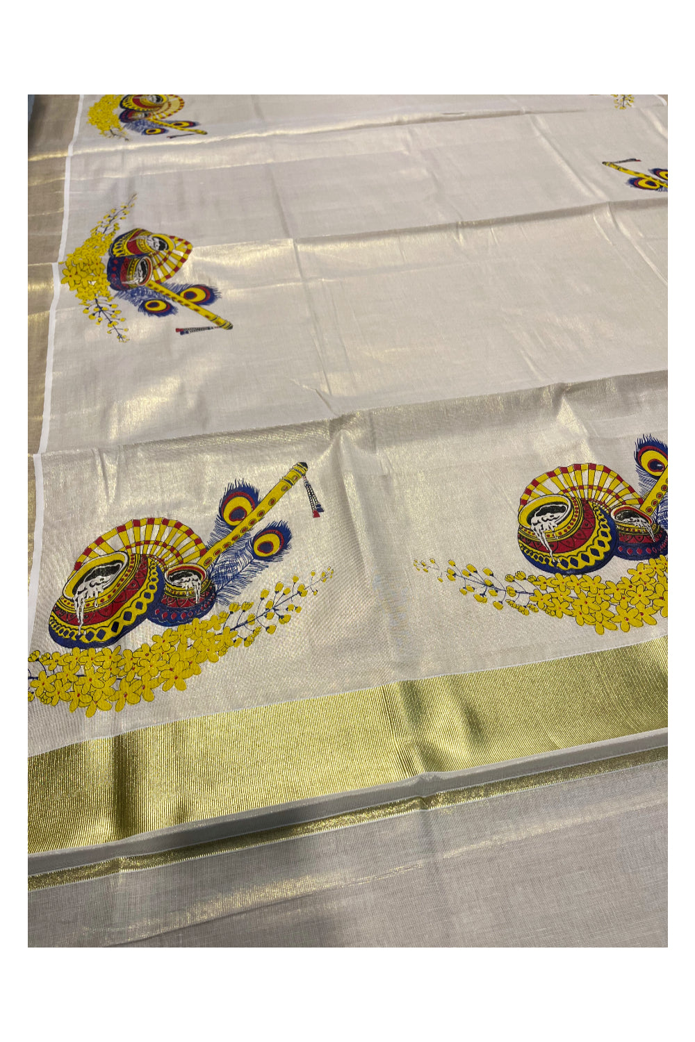 Kerala Tissue Kasavu Saree with Peacock Feather and Flute Mural Printed Designs