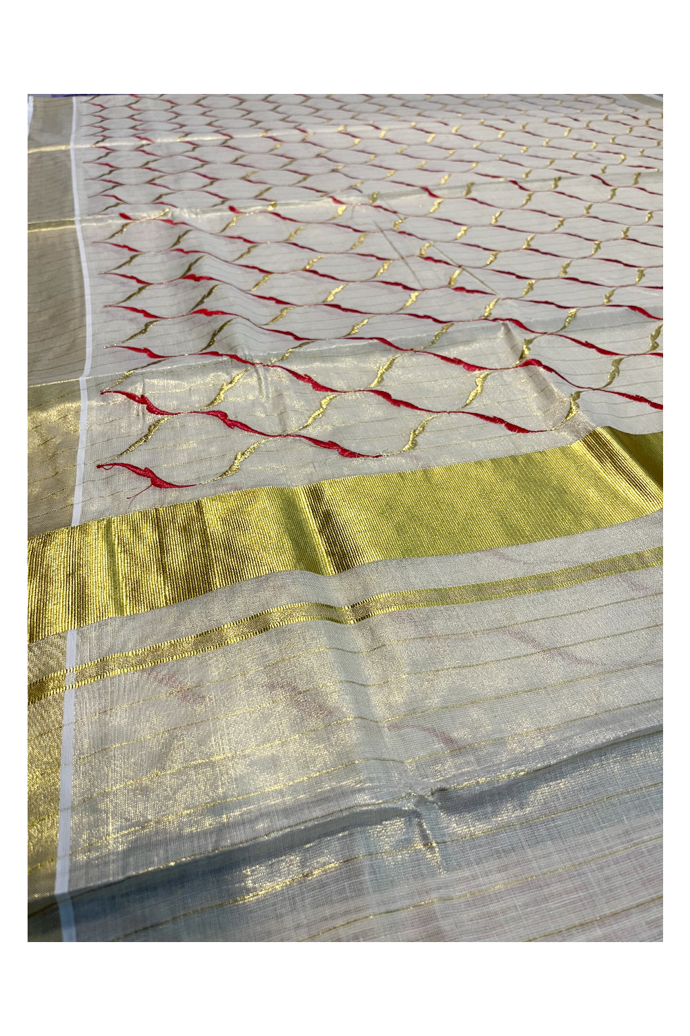 Southloom Kerala Tissue Kasavu Lines Saree with Red and Golden Floral Embroidery Designs