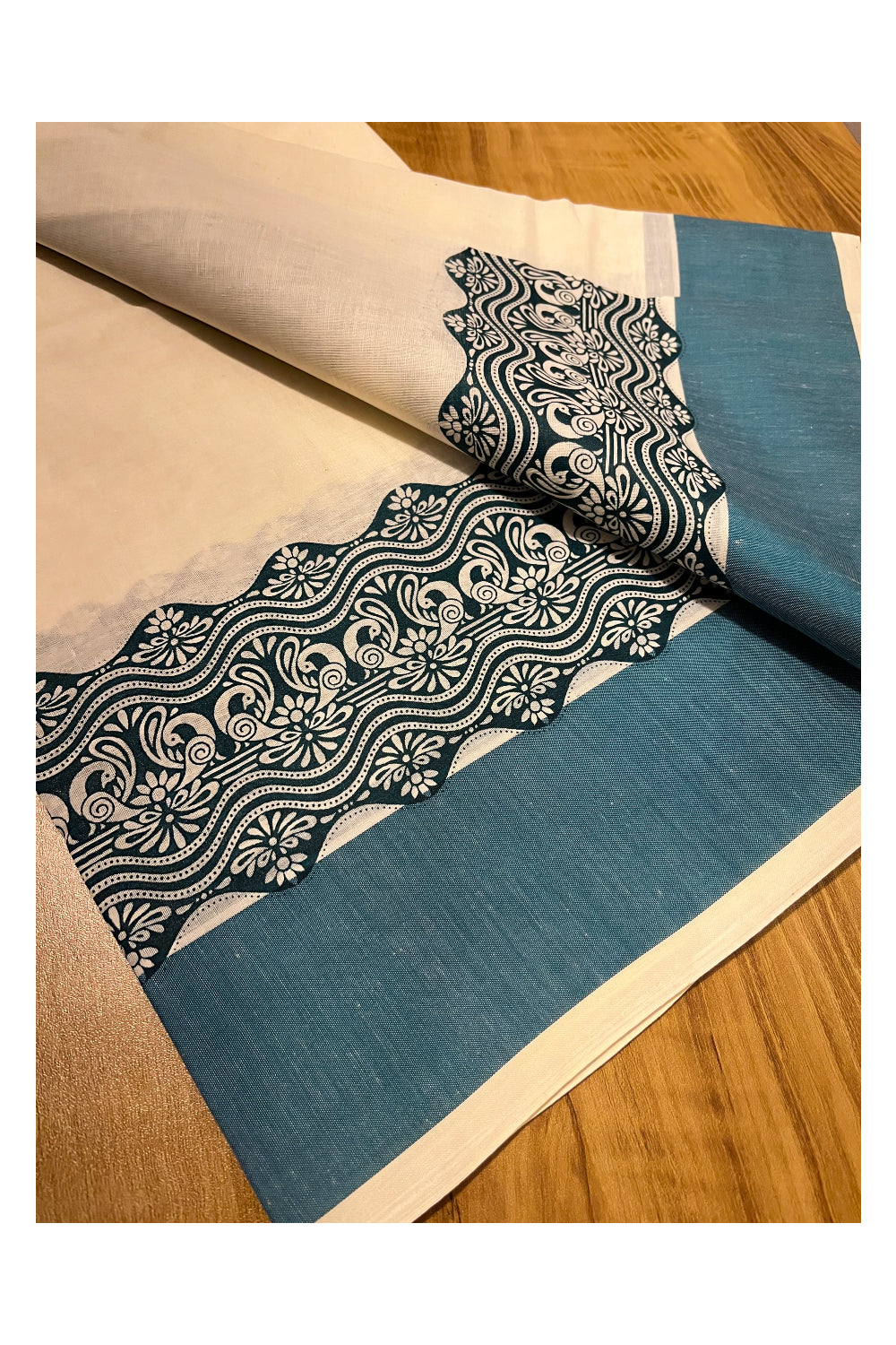 Kerala Cotton Single Set Mundu (Mundum Neriyathum) with Green Block print Border 2.80Mtrs