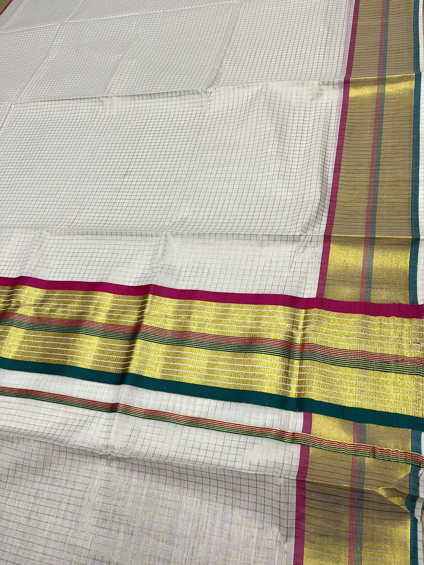 Southloom Kerala Cotton Kasavu Saree with Micro Check Design on Body in Magenta & Peacock Green Border SL453