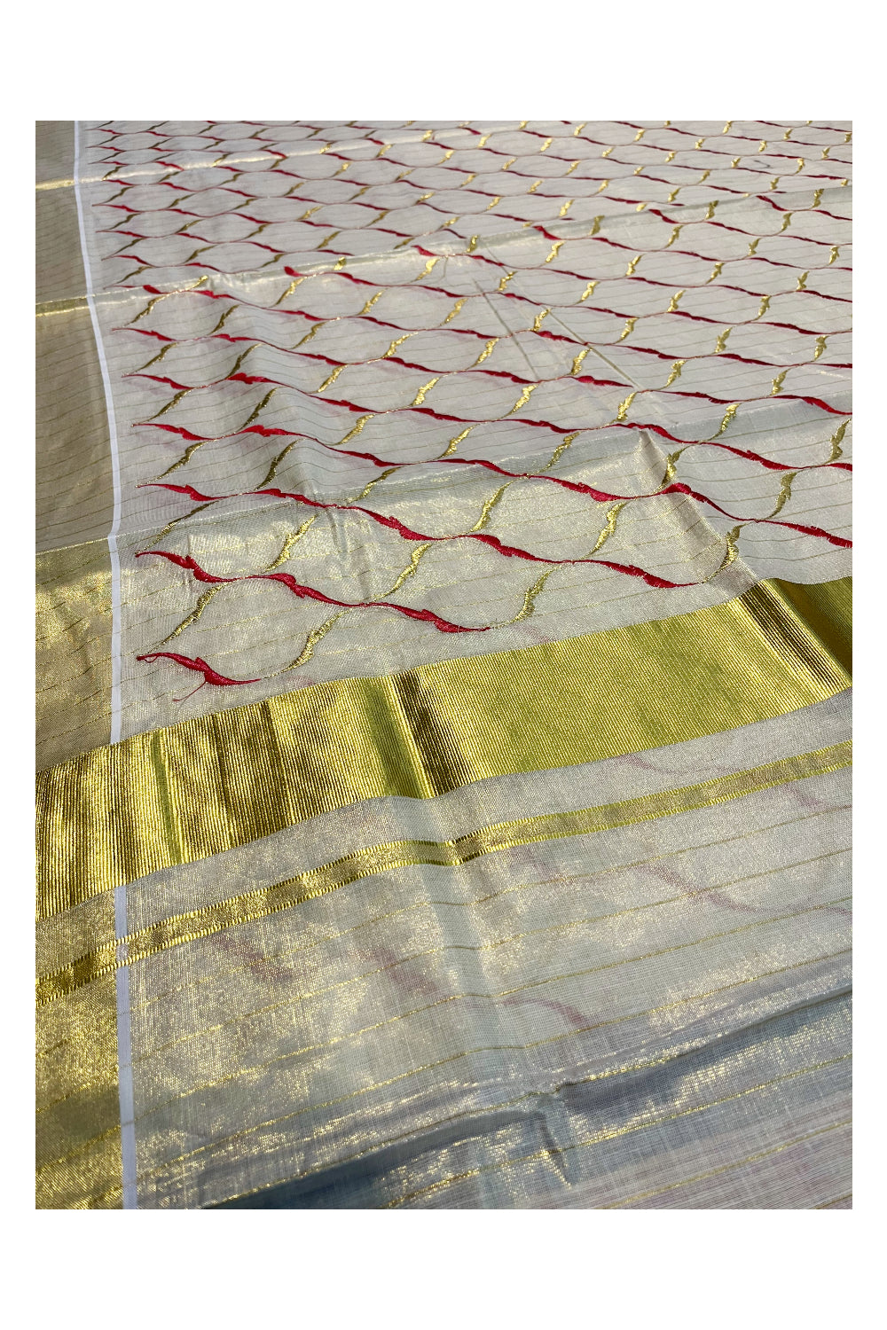Southloom Kerala Tissue Kasavu Lines Saree with Red and Golden Floral Embroidery Designs