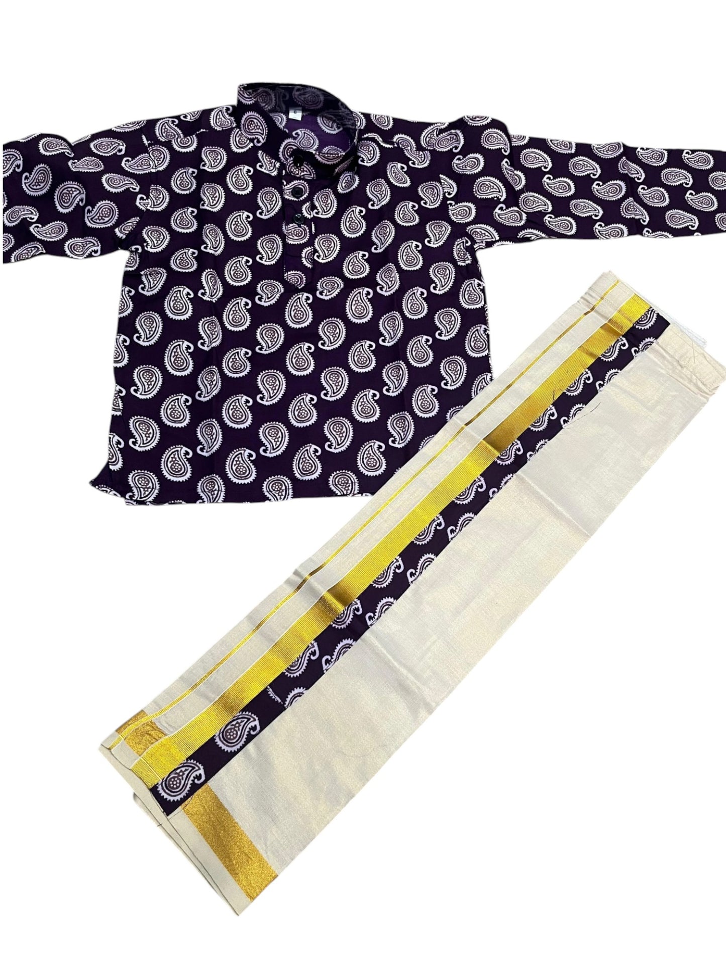 Southloom Tissue Ajrakh Printed Kids's Combo (Shirt + Velcro Mundu) SLKCOMBO