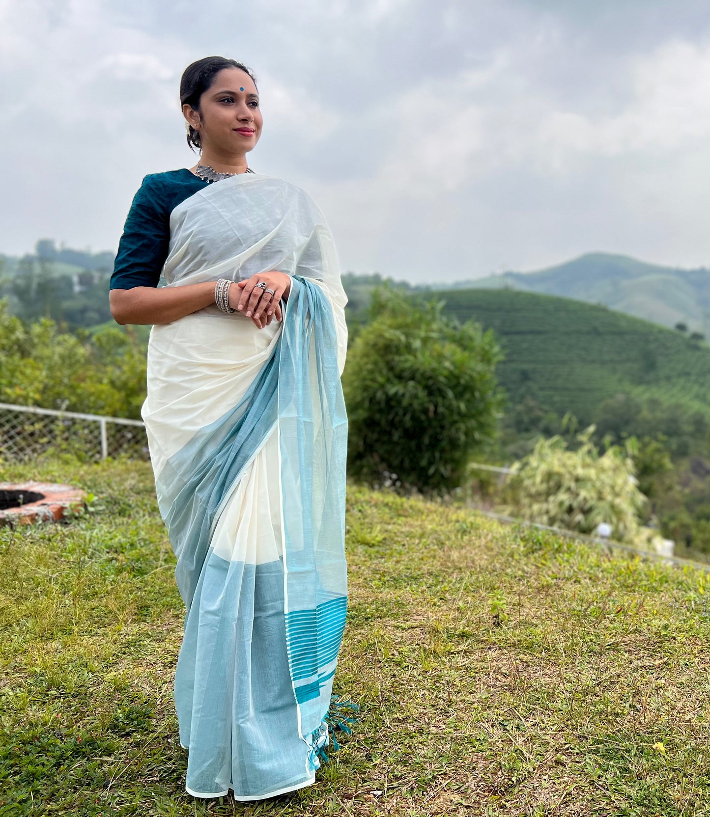 Southloom™ Premium Handloom Half & Half (Cotton / Tissue) Kerala Saree with Teal Blue Kasavu Pallu