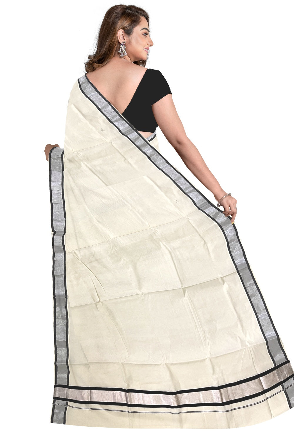 Kerala Pure Cotton Plain Saree with Silver Kasavu and Black Border