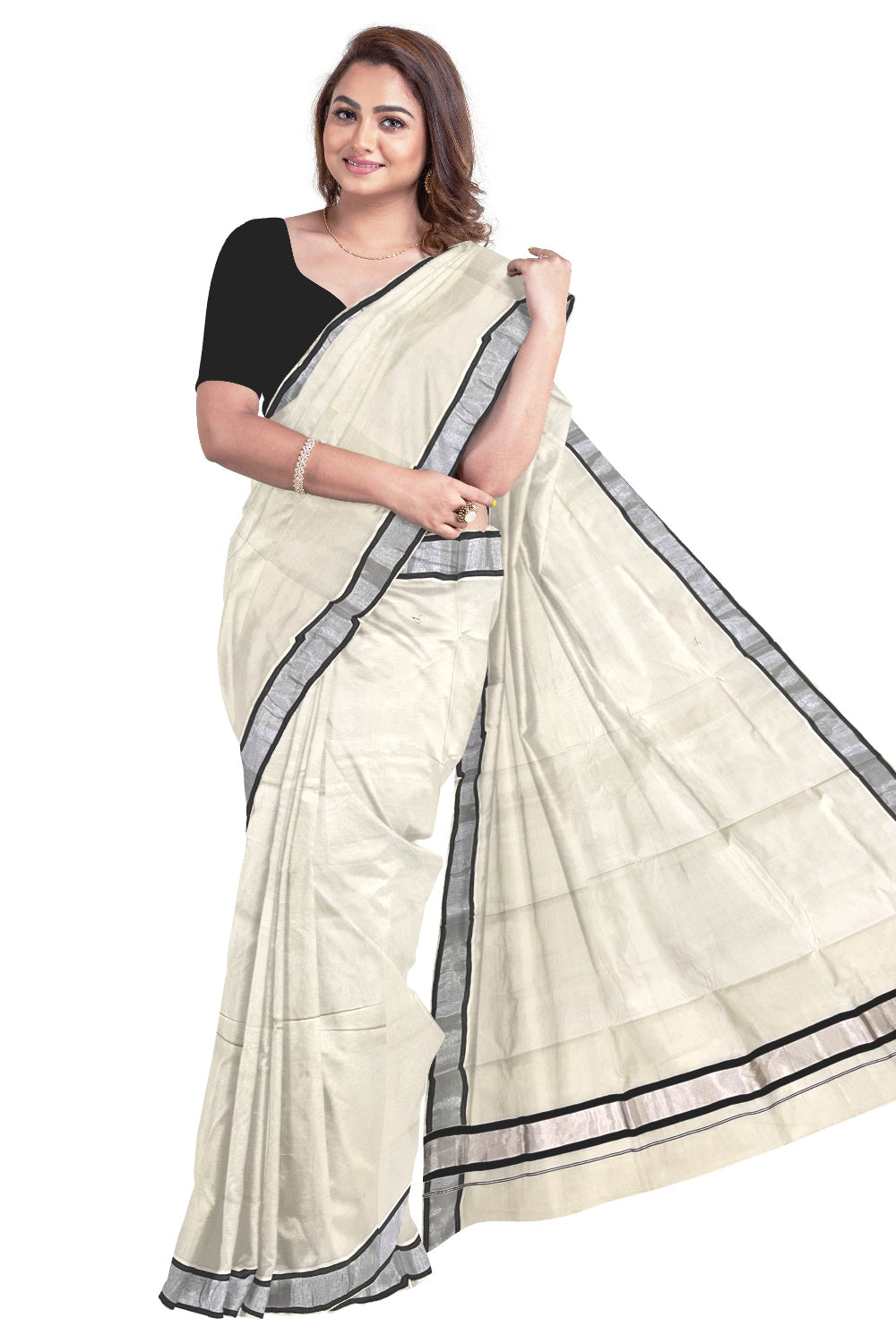 Kerala Pure Cotton Plain Saree with Silver Kasavu and Black Border