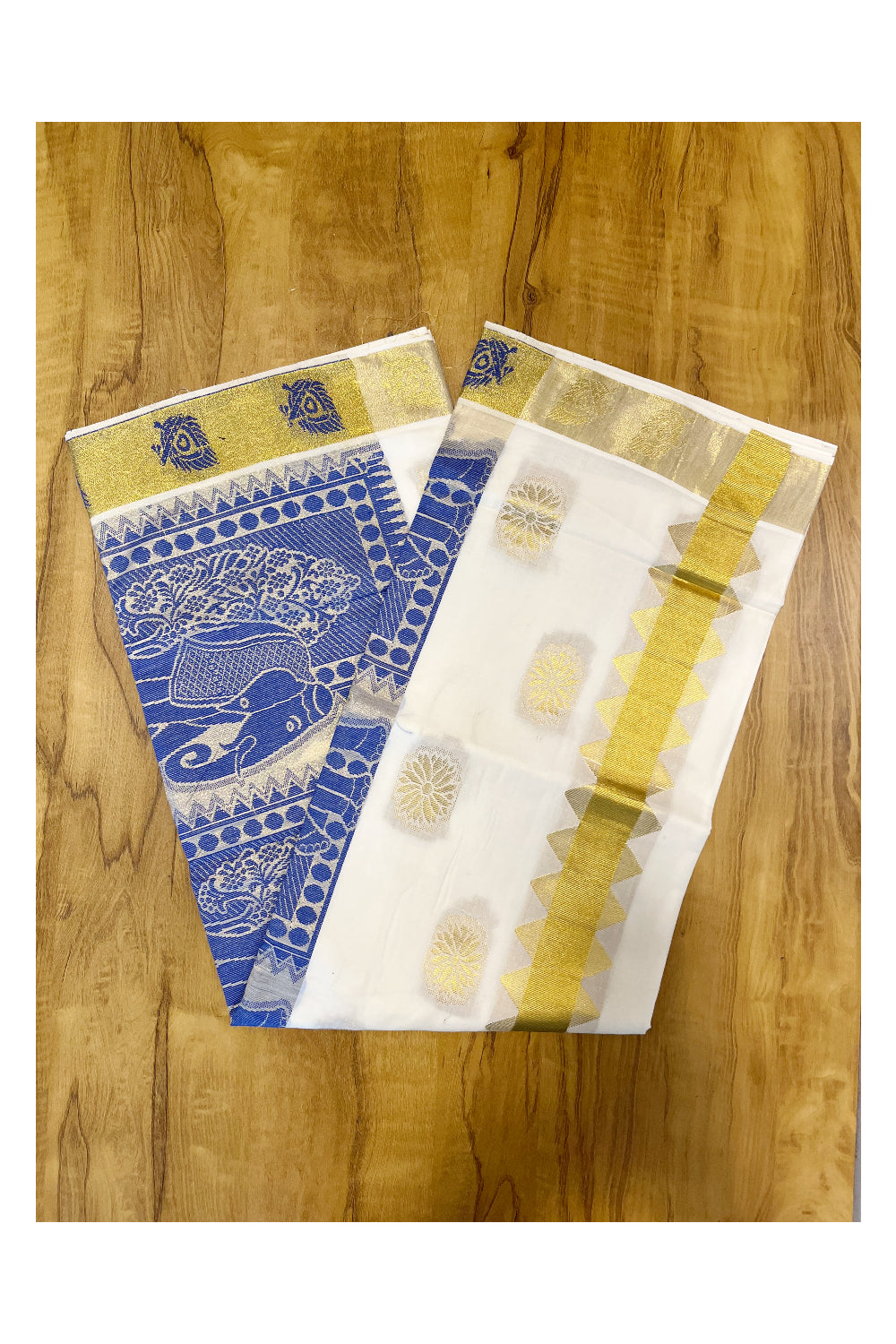 Kerala Cotton Kasavu Saree With Blue and Golden Heavy Woven Works On Body