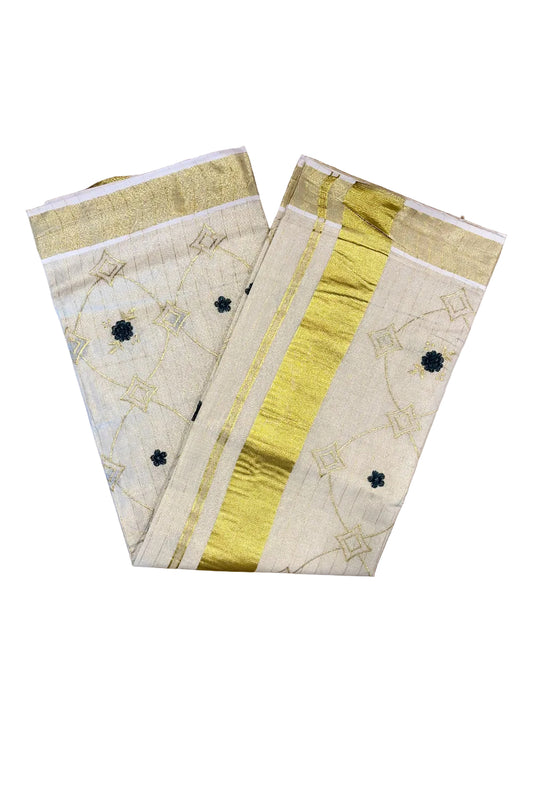Kerala Tissue Kasavu Stripes Saree with Green Floral Embroidery Design on Body